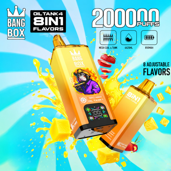 Bang Box 200000 Puffs 8-in-1 Vape – 200K Ultra Capacity | 8 Flavor Switching | 850mAh Rechargeable | Mesh Coil | Type-C | 0% 2% 3% 5% Nicotine