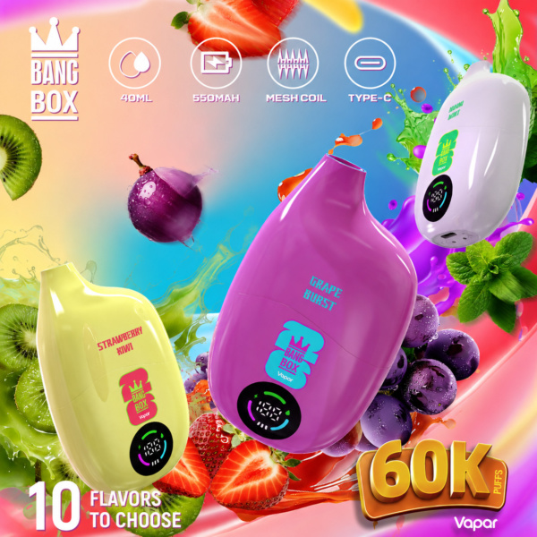 Bang Box 60000 Puffs Vape | 30ml Refillable | 500mAh Rechargeable | 1.0Ω Mesh Coil | Type-C Charging | 10 Flavors
