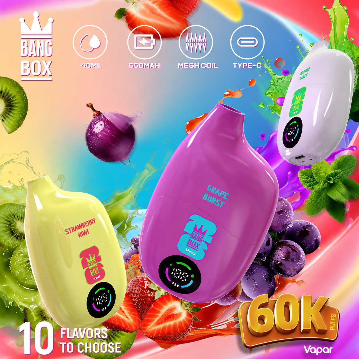 Bang Box 60000 Puffs Vape | 30ml Refillable | 500mAh Rechargeable | 1.0Ω Mesh Coil | Type-C Charging | 10 Flavors