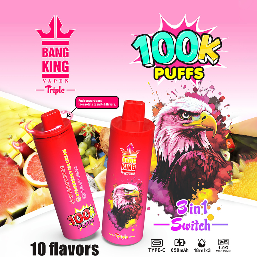 Bang King Triple 100000 Puffs Vape – 3 Oil Tanks Triple Flavor System Mesh Coil Type-C Recharge 0–5% Nicotine