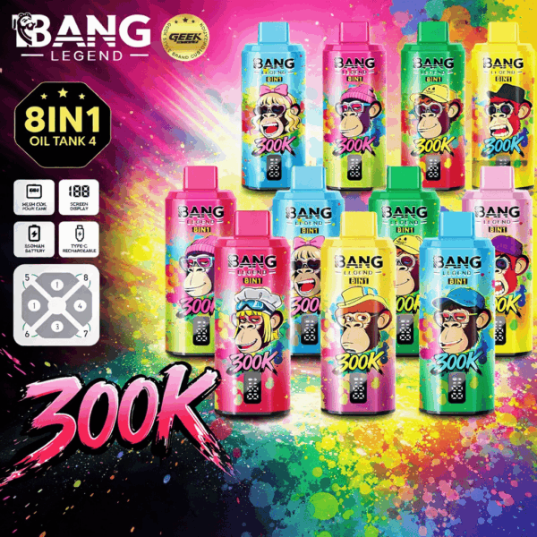 Bang Legend 300000 Puffs 8-in-1 Vape β 300K Ultra High Capacity | Mesh Coil | Type-C Rechargeable | 0% 2% 3% 5% Nicotine