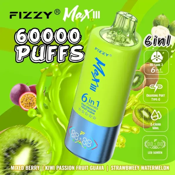 Fizzy Max III 60000 Puffs Disposable Vape 6 in 1 Flavors LED Display EU Warehouse