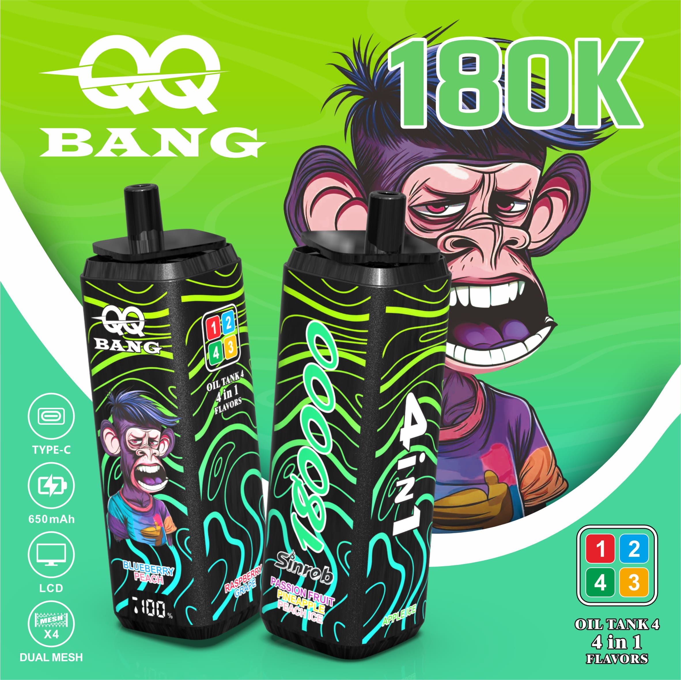 QQBANG 180000 Puffs Vape β 4-in-1 Multi Flavor | 180K High Capacity | Mesh Coil | Type-C Rechargeable | 0% 2% 3% 5% Nicotine