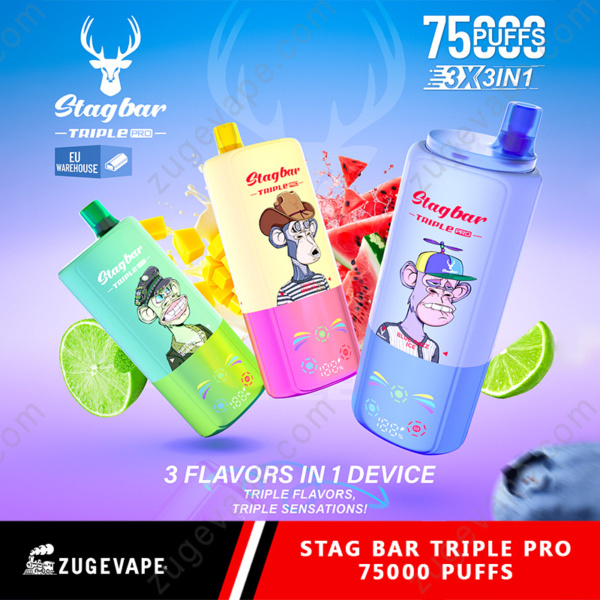Stag Bar Triple Pro 75000 Puffs 75k 3 in 1 Flavors Vape (EU Warehouse)