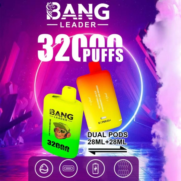 Bang Leader 32000 Puffs Disposable Vape   Dual Pods (28mL+28mL), 650mAh Battery, 0% to 5% Nicotine