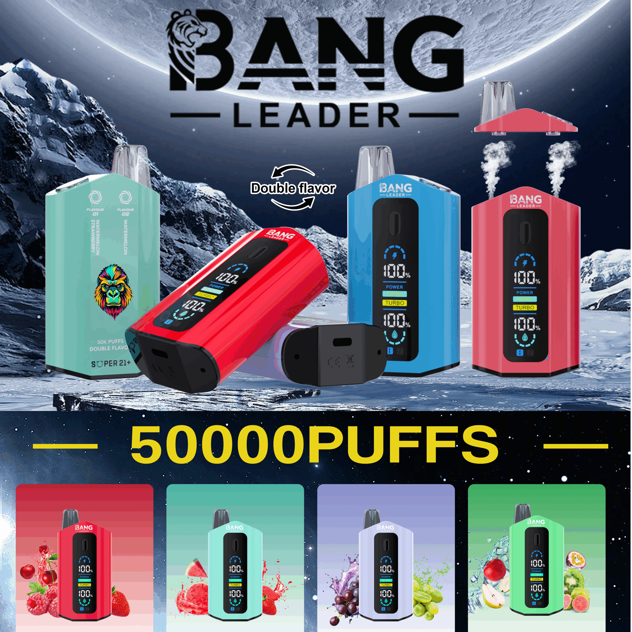 Bang Leader 50000 Puffs Vape Kit Dual E-Liquid Pods, 650mAh Battery, Multiple Nicotine Strengths